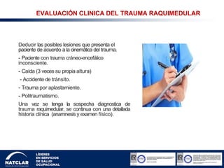 Deducir las posibles lesiones que presenta el
paciente de acuerdo a la cinemática del trauma.
- Paciente con trauma cráneo-encefálico
inconsciente.
- Caída (3 veces su propia altura)
- Accidente de tránsito.
- Trauma por aplastamiento.
- Politraumatismo.
Una vez se tenga la sospecha diagnostica de
trauma raquimedular, se continua con una detallada
historia clínica (anamnesis y examen físico).
EVALUACIÓN CLINICA DEL TRAUMA RAQUIMEDULAR
 