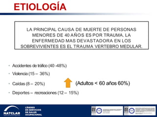 LA PRINCIPAL CAUSA DE MUERTE DE PERSONAS
MENORES DE 40 AÑOS ES POR TRAUMA. LA
ENFERMEDAD MAS DEVASTADORA EN LOS
SOBREVIVIENTES ES EL TRAUMA VERTEBRO MEDULAR.
• Accidentes de tráfico (40 -48%)
• Violencia (15 – 36%)
• Caídas (8 – 20%)
• Deportes – recreaciones (12 – 15%)
(Adultos < 60 años 60%)
ETIOLOGÍA
 