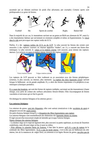 29
accentuée par un élément extérieur (le poids d'un adversaire, par exemple). Certains sports sont
prédisposants à ce genre de lésions.
Football Ski Sports de combat Rugby Basket-ball
Dans la majorité de ces cas, le traumatisme survient sur un genou est fléchi aux alentours de 30°, mais il y
a des traumatismes latéraux qui surviennent en extension complète et même en hyperextension. Le shoot
dans le vide peut provoquer une rupture isolée du LCA.
Parfois, il y des ruptures isolées du LCA ou du LCP. Le plus souvent les lésions des croisés sont
associées à des ruptures externes ou internes (appelées "triades", car il y a souvent une lésion d'un
ménisque). Le plus souvent, le valgus et la rotation externe sont associés, pour donner des ruptures
internes. Les torsions en varus et rotation interne donnent des ruptures externes.
Varus rotation interne Valgus rotation externe Hyperextension
Les ruptures du LCP peuvent se faire isolément ou en association avec des lésions périphériques
(externes, le plus souvent, ou internes, plus rarement). La rupture des deux ligaments croisés survient
lorsque le bâillement est de grande amplitude. Il y a alors des lésions importantes à la périphérie et aux
ménisques (classiques pentades).
Il y a aussi des luxations, qui sont des formes de ruptures multiples, survenant sur des traumatismes à haute
énergie, avec perte de contact des surfaces articulaires fémoro-tibiales. Elles s'accompagnent de lésions
vasculaires et nerveuses qui en font la gravité.
On distingue les entorses bénignes et les entorses graves :
Les entorses bénignes
Les entorses du genou sont très fréquentes, elles sont surtout consécutives à des accidents de sport et
atteignent souvent des sujets jeunes.
On parle d'entorse bénigne lorsqu'il y a élongation des fibres ligamentaires sans rupture.
Les entorses bénignes sont essentiellement des distensions des ligaments interne ou externe.
Il s'agit souvent d'un mouvement simple de latéralité qui évoque l'entorse bénigne.
Signes cliniques des entorses bénignes
- La douleur siège sur le trajet du ligament étiré, plus souvent à sa partie supérieure, au niveau de l'insertion
condylienne, mais elle peut siéger en bas et aussi au milieu.
- Pour affirmer le caractère bénin de l'entorse, il faut faire la preuve qu'il n'y a pas de rupture de la
continuité des fibres ligamentaires. Il n'y a pas de laxité interne, c'est-à-dire pas de bâillement du côté
interne, lors de la manœuvre de valgus forcé, en extension et en légère flexion du genou, pas plus que de
 