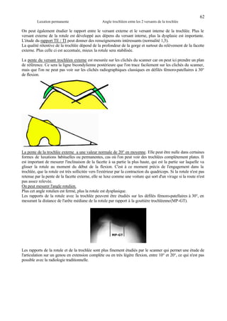 62
Luxation permanente Angle trochléen entre les 2 versants de la trochlée
On peut également étudier le rapport entre le versant externe et le versant interne de la trochlée. Plus le
versant externe de la rotule est développé aux dépens du versant interne, plus la dysplasie est importante.
L'étude du rapport TE / TI peut donner des renseignements intéressants (normalité 1,5).
La qualité rétentive de la trochlée dépend de la profondeur de la gorge et surtout du relèvement de la facette
externe. Plus celle ci est accentuée, mieux la rotule sera stabilisée.
La pente du versant trochléen externe est mesurée sur les clichés du scanner car on peut ici prendre un plan
de référence. Ce sera la ligne bicondylienne postérieure que l'on trace facilement sur les clichés du scanner,
mais que l'on ne peut pas voir sur les clichés radiographiques classiques en défilés fémoro-patellaires à 30°
de flexion.
La pente de la trochlée externe a une valeur normale de 20° en moyenne. Elle peut être nulle dans certaines
formes de luxations habituelles ou permanentes, cas où l'on peut voir des trochlées complètement plates. Il
est important de mesurer l'inclinaison de la facette à sa partie la plus haute, qui est la partie sur laquelle va
glisser la rotule au moment du début de la flexion. C'est à ce moment précis de l'engagement dans la
trochlée, que la rotule est très sollicitée vers l'extérieur par la contraction du quadriceps. Si la rotule n'est pas
retenue par la pente de la facette externe, elle se luxe comme une voiture qui sort d'un virage si la route n'est
pas assez relevée.
On peut mesurer l'angle rotulien.
Plus cet angle rotulien est fermé, plus la rotule est dysplasique.
Les rapports de la rotule avec la trochlée peuvent être étudiés sur les défilés fémoro-patellaires à 30°, en
mesurant la distance de l'arête médiane de la rotule par rapport à la gouttière trochléenne(MP-GT).
Les rapports de la rotule et de la trochlée sont plus finement étudiés par le scanner qui permet une étude de
l'articulation sur un genou en extension complète ou en très légère flexion, entre 10° et 20°, ce qui n'est pas
possible avec la radiologie traditionnelle.
 