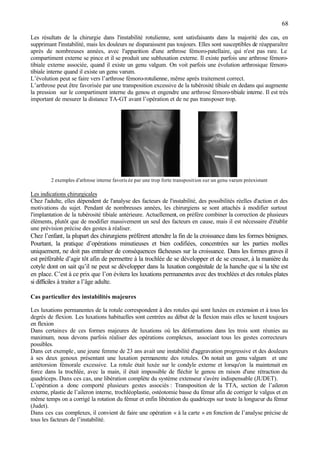 68
Les résultats de la chirurgie dans l'instabilité rotulienne, sont satisfaisants dans la majorité des cas, en
supprimant l'instabilité, mais les douleurs ne disparaissent pas toujours. Elles sont susceptibles de réapparaître
après de nombreuses années, avec l'apparition d'une arthrose fémoro-patellaire, qui n'est pas rare. Le
compartiment externe se pince et il se produit une subluxation externe. Il existe parfois une arthrose fémoro-
tibiale externe associée, quand il existe un genu valgum. On voit parfois une évolution arthrosique fémoro-
tibiale interne quand il existe un genu varum.
L’évolution peut se faire vers l’arthrose fémoro-rotulienne, même après traitement correct.
L’arthrose peut être favorisée par une transposition excessive de la tubérosité tibiale en dedans qui augmente
la pression sur le compartiment interne du genou et engendre une arthrose fémoro-tibiale interne. Il est très
important de mesurer la distance TA-GT avant l’opération et de ne pas transposer trop.
2 exemples d’athrose interne favoris ée par une trop forte transposition sur un genu varum préexistant
Les indications chirurgicales
Chez l'adulte, elles dépendent de l'analyse des facteurs de l'instabilité, des possibilités réelles d'action et des
motivations du sujet. Pendant de nombreuses années, les chirurgiens se sont attachés à modifier surtout
l'implantation de la tubérosité tibiale antérieure. Actuellement, on préfère combiner la correction de plusieurs
éléments, plutôt que de modifier massivement un seul des facteurs en cause, mais il est nécessaire d'établir
une prévision précise des gestes à réaliser.
Chez l’enfant, la plupart des chirurgiens préfèrent attendre la fin de la croissance dans les formes bénignes.
Pourtant, la pratique d’opérations minutieuses et bien codifiées, concentrées sur les parties molles
uniquement, ne doit pas entraîner de conséquences fâcheuses sur la croissance. Dans les formes graves il
est préférable d’agir tôt afin de permettre à la trochlée de se développer et de se creuser, à la manière du
cotyle dont on sait qu’il ne peut se développer dans la luxation congénitale de la hanche que si la tête est
en place. C’est à ce prix que l’on évitera les luxations permanentes avec des trochlées et des rotules plates
si difficiles à traiter a l’âge adulte.
Cas particulier des instabilités majeures
Les luxations permanentes de la rotule correspondent à des rotules qui sont luxées en extension et à tous les
degrés de flexion. Les luxations habituelles sont centrées au début de la flexion mais elles se luxent toujours
en flexion
Dans certaines de ces formes majeures de luxations où les déformations dans les trois sont réunies au
maximum, nous devons parfois réaliser des opérations complexes, associant tous les gestes correcteurs
possibles.
Dans cet exemple, une jeune femme de 23 ans avait une instabilité d'aggravation progressive et des douleurs
à ses deux genoux présentant une luxation permanente des rotules. On notait un genu valgum et une
antétorsion fémorale excessive. La rotule était luxée sur le condyle externe et lorsqu'on la maintenait en
force dans la trochlée, avec la main, il était impossible de fléchir le genou en raison d'une rétraction du
quadriceps. Dans ces cas, une libération complète du système extenseur s'avère indispensable (JUDET).
L’opération a donc comporté plusieurs gestes associés : Transposition de la TTA, section de l’aileron
externe, plastie de l’aileron interne, trochléoplastie, ostéotomie basse du fémur afin de corriger le valgus et en
même temps on a corrigé la rotation du fémur et enfin libération du quadriceps sur toute la longueur du fémur
(Judet).
Dans ces cas complexes, il convient de faire une opération « à la carte » en fonction de l’analyse précise de
tous les facteurs de l’instabilité.
 