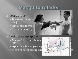    Test de Jobe
       Brazos estirados hacia delante con pulgares hacia
        abajo
       Aplicamos fuerza sobre sus brazos
       Si rotura de manguito, los brazos caen

   Test del subescapular
       Mano a 10 cm del abdomen con codo en flexion de
        90º
       Aplicamos fuerza para separarla
       Si rotura del subescapular, no puede vencer la fuerza
 