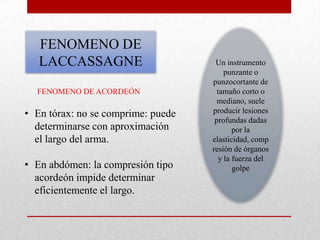 FENOMENO DE
   LACCASSAGNE                       Un instrumento
                                         punzante o
                                    punzocortante de
  FENOMENO DE ACORDEÓN                tamaño corto o
                                      mediano, suele
• En tórax: no se comprime: puede   producir lesiones
                                     profundas dadas
  determinarse con aproximación             por la
  el largo del arma.                elasticidad, comp
                                    resión de órganos
                                       y la fuerza del
• En abdómen: la compresión tipo            golpe
  acordeón impide determinar
  eficientemente el largo.
 