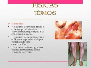  Heladuras
 Heladuras de primer grado o
eritema, producto de la
vasodilatación que sigue a la
constricción inicial.
 Heladuras de segundo grado
o flictena, representadas por
vesículas de fácil
cicatrización.
 Heladuras de tercer grado o
escaras representadas por
zonas de necrosis.
FISICAS
TÉRMICAS.
 