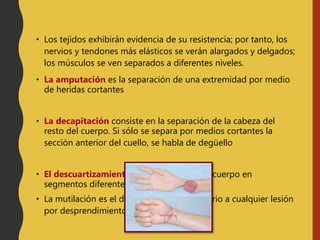 • Los tejidos exhibirán evidencia de su resistencia; por tanto, los
nervios y tendones más elásticos se verán alargados y delgados;
los músculos se ven separados a diferentes niveles.
• La amputación es la separación de una extremidad por medio
de heridas cortantes
• La decapitación consiste en la separación de la cabeza del
resto del cuerpo. Si sólo se separa por medios cortantes la
sección anterior del cuello, se habla de degüello
• El descuartizamiento es la separación del cuerpo en
segmentos diferentes
• La mutilación es el daño funcional secundario a cualquier lesión
por desprendimiento
 