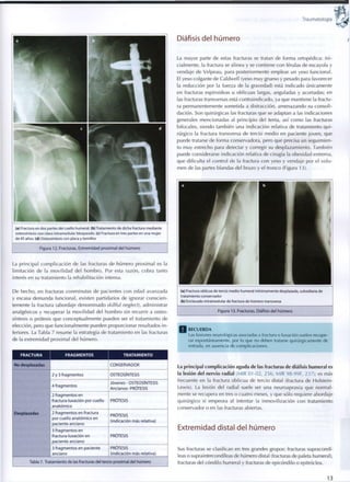 Traumatología
(a) Fractura en dos partes del cuello humeral, (b) Tratamiento de dicha fractura mediante
osteosíntesis con clavo intramedular bloqueado, (c) Fractura en tres partes en una mujer
de 45 años, (d) Osteosíntesis con placa y tornillos
Figura 12. Fracturas. Extremidad proximal del húmero
La principal complicación de las fracturas de húmero proximal es la
limitación de la movilidad del hombro. Por esta razón, cobra tanto
interés en su tratamiento la rehabilitación intensa.
De hecho, en fracturas conminutas de pacientes con edad avanzada
y escasa demanda funcional, existen partidarios de ignorar conscien-
temente la fractura (abordaje denominado skillful neglect), administrar
analgésicos y recuperar la movilidad del hombro sin recurrir a osteo-
síntesis o prótesis q u e conceptual mente pueden ser el tratamiento de
elección, pero que funcionalmente pueden proporcionar resultados i n -
feriores. La Tabla 7 resume la estrategia de tratamiento en las fracturas
de la extremidad proximal del húmero.
FRACTURA FRAGMENTOS TRATAMIENTO
No desplazadas CONSERVADOR
Desplazadas
2 y 3 fragmentos OSTEOSÍNTESIS
Desplazadas
4 fragmentos
Jóvenes - OSTEOSINTESIS
Ancianos- PRÓTESIS
Desplazadas
2 fragmentos en
fractura-luxación por cuello
anatómico
PRÓTESIS
Desplazadas 2 fragmentos en fractura
por cuello anatómico en
paciente anciano
PRÓTESIS
(indicación más relativa)
Desplazadas
3 fragmentos en
fractura-luxación en
paciente anciano
PRÓTESIS
Desplazadas
3 fragmentos en paciente
anciano
PRÓTESIS
(indicación más relativa)
Tabla 7. Tratamiento de las fracturas del tercio proximal del húmero
Diáfisis del húmero
La mayor parte de estas fracturas se tratan de forma ortopédica: ini-
cialmente, la fractura se alinea y se contiene con férulas de escayola y
vendaje de Velpeau, para posteriormente emplear un yeso funcional.
El yeso colgante de Caldwell (yeso muy grueso y pesado para favorecer
la reducción por la fuerza de la gravedad) está indicado únicamente
en fracturas espiroideas u oblicuas largas, anguladas y acortadas; en
las fracturas transversas está contraindicado, ya q u e mantiene la fractu-
ra permanentemente sometida a distracción, amenazando su consoli-
dación. Son quirúrgicas las fracturas q u e se adaptan a las indicaciones
generales mencionadas al principio del tema, así c o m o las fracturas
bifocales, siendo también una indicación relativa de tratamiento q u i -
rúrgico la fractura transversa de tercio medio en paciente joven, que
puede tratarse de forma conservadora, pero que precisa un seguimien-
to m u y estrecho para detectar y corregir su desplazamiento. También
puede considerarse indicación relativa de cirugía la obesidad extrema,
que dificulta el control de la fractura c o n yeso y vendaje por el volu-
men de las partes blandas del brazo y el tronco (Figura 13).
(a) Fractura oblicua de tercio medio humeral mínimamente desplazada, subsidiaria de
tratamiento conservador
(b) Enclavado intramedular de fractura de húmero transversa
Figura 13. Fracturas. Diáfisis del húmero
Q R E C U E R D A
Las lesiones neurológicas asociadas a fractura o luxación suelen recupe-
rar espontáneamente, por lo q u e no deben tratarse quirúrgicamente de
entrada, en ausencia de complicaciones.
La principal complicación aguda de las fracturas de diáfisis humeral es
la lesión del nervio radial (MIR 01-02, 2 5 6 ; MIR 98-99F, 237); es más
frecuente en la fractura oblicua de tercio distal (fractura de Holstein-
Lewis). La lesión del radial suele ser una neuroapraxia q u e normal-
mente se recupera en tres o cuatro meses, y que sólo requiere abordaje
quirúrgico si empeora al intentar la inmovilización con tratamiento
conservador o en las fracturas abiertas.
Extremidad distal del húmero
Sus fracturas se clasifican en tres grandes grupos: fracturas supracondí-
leas o supraintercondíleas de húmero distal (fracturas de paleta humeral),
fracturas del cóndilo humeral y fracturas de epicóndilo o epitróclea.
13
 