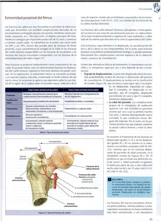 Traumatología
Extremidad proximal del fémur
Las fracturas de cadera son m u y frecuentes en pacientes de edad avan-
zada que desarrollan con facilidad complicaciones derivadas de un
encarnamiento prolongado (escaras por presión, trombosis venosa pro-
funda, neumonía, etc.). Por esta razón, el objetivo principal del trata-
miento es conseguir que el paciente pueda salir de la cama y comenzar
a caminar cuanto antes. Su mortalidad en el primer año oscila entre
un 2 0 % y un 3 0 % . Existen dos grandes tipos de fracturas de fémur
proximal, cuyas características se recogen en la Tabla 8: las fracturas
del cuello femoral (comparables con las fracturas de escafoides) y las
fracturas del macizo trocantéreo (comparables con las fracturas de la
extremidad distal del radio) (Figura 27).
zona de impacto, siendo este un fenómeno característico de las fractu-
ras extracapsulares (MIR 00-01, 256). Los intentos de movilización de
la cadera resultan dolorosos.
Las fracturas del cuello femoral (fracturas subcapitales o intracapsula-
res) ocurren en una zona de vascularización precaria. La cabeza femo-
ral se nutre fundamentalmente a expensas de vasos endostales, y sobre
todo de las arterias que discurren en la cortical superolateral del cuello.
Con la fractura, especialmente si es desplazada, la vascularización del
foco y de la cabeza se ven comprometidas. Por lo tanto, estas fracturas
plantean un problema fundamentalmente biológico y pueden presentar
básicamente dos complicaciones: necrosis isquémica de la cabeza fe-
moral y ausencia de consolidación.
Estas fracturas se producen habitualmente c o m o consecuencia de una
caída. El paciente refiere, salvo en determinadas fracturas no desplaza-
das del cuello femoral, impotencia funcional absoluta (no puede cami-
nar). En la exploración, la extremidad inferior se encuentra acortada,
y en rotación externa marcada, contactando el borde externo del pie
con la cama. En ocasiones se aprecia una equimosis sobre la cara late-
ral de la región de la cadera sobre el trocánter mayor, indicativo de la
F R A C T U R A S I N T R A C A P S U L A R E S FRACTURAS E X T R A C A P S U L A R E S
Problema
Biológico (vascularización precaria de la
cabeza femoral interrumpida por la fractura)
Mecánico (tendencia al desplazamiento
de los fragmentos)
Clasificación
según
Desplazamiento (clasificación de Garden) Estabilidad (estables o inestables)
Tratamiento
• Jóvenes: osteosíntesis con tornillos
• Edad avanzada: osteosíntesis, si n o
desplazada; artroplastia, si está desplazada
Osteosíntesis a cualquier edad
Complicaciones
• Necrosis isquémica
• Ausencia de consolidación
Consolidación en mala posición
Clínica
• Acortamiento, rotación externa
y abducción menor, o incluso en posición
neutra o addución
• No hematoma visible
• Acortamiento, rotación externa m u y
marcada (con borde lateral del pie
tocando la camilla) y gran abducción
• Hematoma visible
Tabla 8. Tipos de fractura de cadera
Existen dos alternativas básicas de tratamiento: la osteosíntesis con tor-
nillos y la artroplastia; optar por una u otra depende de dos circuns-
tancias:
• El grado de desplazamiento. Cuanto más desplazada esté la fractura,
más probabilidades existen de necrosis o alteraciones del proceso
de consolidación. El desplazamiento se evalúa con la clasificación
de Garden (Figura 28), que reconoce cuatro tipos: tipo I (incomple-
ta, no desplazada, ¡mpactada en valgo),
tipo II (completa, no desplazada ni i m -
pactada), tipo III (completa, desplazada
parcialmente en varo) y tipo IV (completa,
totalmente desplazada).
La edad del paciente. Las complicaciones
propias de la artroplastia de sustitución
aparecen con más facilidad en pacientes
jóvenes que van a usar su prótesis muchos
más años, y además desempeñando mayor
actividad, lo que condiciona mayor des-
gaste del implante. Por lo tanto, en los pa-
cientes jóvenes, hay que intentar conservar
su propia cabeza femoral y evitar la artro-
plastia.
Intracapsulares
Fractura
pertrocantérea
Fracturas de la
cabeza femoral
Fracturas del cuello
femoral (subcapital,
transcervlcal
y basicervical)
A. circunfleja femoral medial
A. femoral profunda
A. circunfleja femoral medial
Fractura
subtrocantérea
Figura 27. Tipos de fractura de cadera
En resumen, el tratamiento de las fracturas no
desplazadas (grados I y II) y de las desplaza-
das (grados III y IV) en jóvenes es la osteo-
síntesis con tornillos canulados (MIR 98-99F,
105), mientras que en las fracturas despla-
zadas de pacientes de edad avanzada, es la
artroplastia (véanse las Figuras 28 y 29). El
problema es que no existe una definición cla-
ra de " j o v e n " y "edad avanzada"; en general,
la edad para pasar de una a otra indicación
oscila entre los 60 y los 75 años (MIR 01-02,
89; MIR 97-98, 226).
| R E C U E R D A
En el paciente j o v e n , siempre se prefiere
la osteosíntesis frente a la prótesis en los
casos de fracturas ¡ntracapsular de cadera
desplazadas, así c o m o en las de húmero
p r o x i m a l desplazadas en múltiples frag-
mentos.
Las fracturas del macizo trocantéreo (fractu-
ras pertrocantéreas, intertrocantéreas o extra-
capsulares) se producen en hueso metafisario
muy bien vascularizado, y con abundancia
21
 