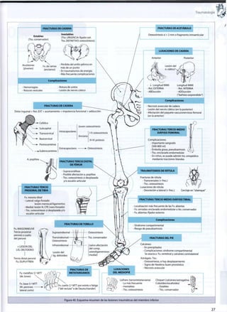 Traumatología
FRACTURAS DE ACETÁBULO
ULO
Osteosíntesis si > 2 m m o fragmento intraarticular
LUXACIONES DE CADERA
Posterior
Longitud MMII
-Rot. INTERNA
- ADDucción
("bañista sorprendido")
Complicaciones
Necrosis avascular de cadera
Lesión del nervio ciático (en la posterior)
Afectación del paquete vasculonervioso femoral
(en la anterior)
FRACTURAS TERCIO MEDIO / 1
DIÁFISIS FEMORAL
Complicaciones:
- Importante sangrado
(500-800 mi)
- Embolia grasa, pseudoartrosis ¿*.
- Tto.: enclavado endomedular
- En niños, se puede admitir tto. ortopédico
mediante tracciones blandas
TRAUMATISMOS DE RÓTULA
Fracturas de rótula:
-Transversales (+ frec.)
-Tto.: osteosíntesis
Luxaciones de rótula:
- Desviación a lateral (+ frec.) Cerclaje en "obenque"
FRACTURAS TERCIO MEDIO DIÁFISIS TIBIAL
- Localización más frecuente de las Fx. abiertas
- Fx. cerradas: enclavado endomedular o tto. conservador
- Fx. abiertas: fijador externo
Complicaciones
- Síndrome compartimental
- Riesgo de pseudoartrosis
FRACTURAS DEL PIE
Calcáneo:
- En precipitados
- Complicaciones: síndrome compartimental
Se asocia a Fx. vertebral y calcáneo contralateral
Astrágalo. Tto.:
- Osteosíntesis, si hay desplazamiento
LUXACIONES
DEL MEDIOPIÉ
- Necrosis avascular
LUXACIONES
DEL MEDIOPIÉ
Fx. base 5.° MTT
(M. peroneo —
lateral corto)
Lisfranc (tarsometatarsiana)
- La más frecuente
- Inestables
- Tto.: osteosíntesis
Chopart (calcáneo/astragalina
Cuboides/escafoides)
- Estables
- Tto.: conservador
Figura 40. Esquema-resumen de las lesiones traumáticas del m i e m b r o inferior
2 7
 
