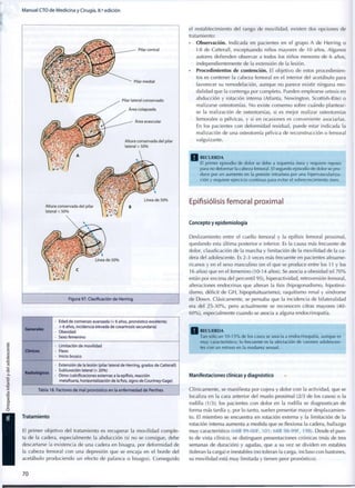 Manual CTO de Medicina y Cirugía, 8.a
edición
Figura 97. Clasificación de Herring
Generales
• Edad de comienzo avanzada (< 6 años, pronóstico excelente;
> 6 años, incidencia elevada de coxartrosis secundaria)
• Obesidad
• Sexo femenino
Clínicos
• Limitación de movilidad
• Flexo
• Inicio brusco
Radiológicos
• Extensión de la lesión (pilar lateral de Herring, grados de Catterall)
• Subluxación lateral (> 20%)
• Otros (calcificaciones externas a la epífisis, reacción
metafisaria, horizontalización de la fisis, signo de Courtney-Gage)
Tabla 18. Factores d e mal pronóstico en la enfermedad de Perthes
Tratamiento
El primer objetivo del tratamiento es recuperar la movilidad comple-
ta de la cadera, especialmente la abducción (si no se consigue, debe
descartarse la existencia de una cadera en bisagra, por deformidad de
la cabeza femoral con una depresión q u e se encaja en el borde del
acetábulo produciendo un efecto de palanca o bisagra). Conseguido
el restablecimiento del rango de movilidad, existen dos opciones de
tratamiento:
• Observación. Indicada en pacientes en el grupo A de Herring o
l-ll de Catterall, exceptuando niños mayores de 10 años. Algunos
autores defienden observar a todos los niños menores de 6 años,
independientemente de la extensión de la lesión.
• Procedimientos de contención. El objetivo de estos procedimien-
tos es contener la cabeza femoral en el interior del acetábulo para
favorecer su remodelación, aunque no parece existir ninguna m o -
dalidad que la contenga por completo. Pueden emplearse ortesis en
abducción y rotación interna (Atlanta, Newington, Scottish-Rite) o
realizarse osteotomías. N o existe consenso sobre cuándo plantear-
se la realización de osteotomías, si es mejor realizar osteotomías
femorales o pélvicas, y si en ocasiones es conveniente asociarlas.
En los pacientes con deformidad residual, puede estar indicada la
realización de una osteotomía pélvica de reconstrucción o femoral
valguizante.
Q RECUERDA
El primer episodio de dolor se debe a isquemia ósea y requiere reposo
para no deformar la cabeza femoral. El segundo episodio de dolor se pro-
duce por un aumento en la presión intraósea por una hipervasculariza-
ción y requiere ejercicio continuo para evitar el sobrecrecimiento óseo.
Epifisiólisis femoral proximal
Concepto y epidemiología
Deslizamiento entre el cuello femoral y la epífisis femoral proximal,
quedando esta última posterior e inferior. Es la causa más frecuente de
dolor, claudicación de la marcha y limitación de la movilidad de la ca-
dera del adolescente. Es 2-3 veces más frecuente en pacientes afroame-
ricanos y en el sexo masculino (en el que se produce entre los 11 y los
16 años) que en el femenino (10-14 años). Se asocia a obesidad (el 7 0 %
están por encima del percentil 95), hiperactividad, retroversión femoral,
alteraciones endocrinas que alteran la fisis (hipogonadismo, hipotiroi-
dismo, déficit de G H , hipopituituarismo), raquitismo renal y síndrome
de D o w n . Clásicamente, se pensaba que la incidencia de bilateralidad
era del 2 5 - 3 0 % , pero actualmente se reconocen cifras mayores (40-
6 0 % ) , especialmente cuando se asocia a alguna endocrinopatía.
Q RECUERDA
Tan sólo un 10-15% de los casos se asocia a endocrinopatía, aunque es
muy característico; lo frecuente es la afectación de varones adolescen-
tes con un retraso en la madurez sexual.
Manifestaciones clínicas y diagnóstico
Clínicamente, se manifiesta por cojera y dolor c o n la actividad, que se
localiza en la cara anterior del muslo proximal (2/3 de los casos) o la
rodilla (1/3); los pacientes c o n dolor en la rodilla se diagnostican de
forma más tardía y, por lo tanto, suelen presentar mayor desplazamien-
to. El miembro se encuentra en rotación externa y la limitación de la
rotación interna aumenta a medida que se flexiona la cadera, hallazgo
muy característico (MIR 99-00F, 1 0 1 ; MIR98-99F, 198). Desde el p u n -
to de vista clínico, se distinguen presentaciones crónicas (más de tres
semanas de duración) y agudas, q u e a su vez se dividen en estables
(toleran la carga) e inestables (no toleran la carga, incluso con bastones,
su movilidad está m u y limitada y tienen peor pronóstico).
70
 