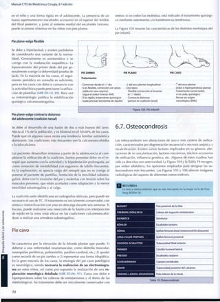 Manual CTO de Medicina y Cirugía, 8.a
edición
en el niño y una forma rígida en el adolescente. La presencia de un
hueso supernumerario (escafoides accesorio) en el espesor del tendón
del tibial posterior, y junto al extremo medial del escafoides tarsiano,
puede ocasionar síntomas en los niños con pies planos.
Pie plano-valgo flexible
ortesis; si no ceden las molestias, está indicado el tratamiento quirúrgi-
co mediante osteotomías y/o transferencias tendinosas.
La Figura 103 resume las características de los distintos morfotipos del
pie infantil.
Se debe a hiperlaxitud, y existen partidarios
de considerarlo una variante de la norma-
lidad. Generalmente es asintomático y se
corrige con la maduración esquelética. La
hiperextensión del primer dedo del pie ge-
neralmente corrige la deformidad (prueba de
Jack). En la mayoría de los casos, el segui-
miento periódico en consulta es suficiente,
pero en los casos con dolor o cansancio con
la actividad física puede precisarse la utiliza-
ción de plantillas (MIR 09-10, 89). Rara vez
su sintomatología justifica la estabilización
quirúrgica calcaneoastragalina.
Pie plano-valgo contracto doloroso
del adolescente (coalición tarsal)
Se debe al desarrollo de una fusión de dos o más huesos del tarso.
Afecta al 1 % de la población, y es bilateral en el 5 0 - 6 0 % de los casos.
Puede que en algunos casos exista una tendencia familiar autosómica
dominante. Las coaliciones más frecuentes son la calcaneoescafoidea
y la talocalcánea.
Los pacientes desarrollan síntomas a partir de la adolescencia al c o m -
pletarse la osificación de la coalición. Suelen presentar dolor en el re-
tropié que aumenta con la actividad y la bipedestación prolongada, así
c o m o sensación de inestabilidad con esguinces de tobillo frecuentes.
En la exploración, se aprecia valgo del retropié que no se corrige al
ponerse el paciente de puntillas, limitación de la movilidad subastra-
galina, dolor con la inversión del pie y molestias con tensión sobre los
músculos peroneos, que están acortados c o m o adaptación a la menor
movilidad subastragalina y al valgo.
La coalición suele identificarse en radiografías oblicuas, pero puede ser
necesario el uso de TC. El tratamiento es inicialmente conservador, con
ortesis o inmovilización con yeso en descarga durante seis semanas. Si
fracasa, puede realizarse una resección de la fusión con interposición
de tejido en la zona (más eficaz en las coaliciones calcaneoescafoi-
deas) o realizar una artrodesis subastragalina.
Pie cavo
Se caracteriza por la elevación de la bóveda plantar que puede: 1)
deberse a una enfermedad neuromuscular, c o m o distrofia muscular,
neuropatías periféricas, poliomielitis, parálisis cerebral, etc.; 2) quedar
c o m o secuela de un pie zambo; o 3) representar una forma idiopática.
En la gran mayoría de los casos, la etiología del pie cavo patológico
es neurológica, siendo necesaria la realización de un electromiogra-
ma en estos niños, así c o m o por supuesto la realización de una ex-
ploración neurológica detallada (MIR 05-06, 91). Cursa con dolor e
hiperqueratosis sobre las cabezas de metatarsianos y el dorso de las
interfalángicas. Su tratamiento debe ser inicialmente conservador con
1 / V 1
PIE ZAMBO PIE PLANO PIE CAVO
Tratamiento:
• Comenzar desde el 1 d í a
• Si es flexible, corrección con yesos
(adducto-varo-equino)
(sigue el orden inverso: AVE)
• Si es rígido, tratamiento quirúrgico
• Suele precisar tenotomía de Aquiles
• i del arco plantar longitudinal
• Dos tipos:
- Flexible (corrección al levantar
el 1."dedo)
- Contracto doloroso
(pensar en coalición tarsal)
• t del arco plantar
• Dolor e hiperqueratosis plantar
•Tratamiento conservador;
si no cede, quirúrgico
• Pensaren origen
neurológico (EMG)
Figura 103. Pie infantil
6.7. Osteocondrosis
Las osteocondrosis son alteraciones de uno o más centros de osifica-
ción, caracterizados por degeneración secuencial o necrosis aséptica y
recalcificación. Existen varios factores implicados en su génesis: alte-
raciones de la vascularización, factores mecánicos, núcleos accesorios
de osificación, influencia genética, etc. Algunos de estos cuadros han
sido ya descritos con anterioridad. La Figura 104 y la Tabla 19 recogen,
por orden alfabético, los epónimos empleados para designar las os-
teocondrosis más frecuentes. Las Figuras 105 y 106 ofrecen imágenes
radiológicas del aspecto de diferentes osteocondrosis.
RECUERDA
La única osteocondrosis q u e es más frecuente en la mujer es la de Frei-
berg (Kohler II).
BLOUNT Fisis proximal de la tibia
FREIBERG (KOHLER II) Cabeza del segundo metatarsiano
KIENBÓCK Semilunar
KOHLER Escafoides tarsiano
KÓNIG Epífisis femoral distal (osteocondritis disecante)
LEGG-CALVÉ-PERTHES Epífisis femoral proximal
OSGOOD-SCHLATTER Tuberosidad tibial anterior
PANNER Cóndilo humeral lateral
PREISER Escafoides carpiano
SCHEUERMANN Cuerpos vertebrales
SEVER Tuberosidad posterior del calcáneo
SINDING-LARSEN-JOHANSSON Polo inferior de la rótula
Tabla 19. Osteocondrosis
7 4
 