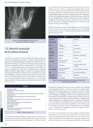 Manual CTO de Medicina y Cirugía, 8.a
edición
Figura 115. Imagen radiológica de artrosis a nivel
de trapecio metacarpiana o rizartrosis
7.3. Necrosis avascular
de la cabeza femoral
La necrosis avascular de la cabeza femoral del a d u l t o puede apa-
recer por traumatismos (luxaciones y fracturas intracapsulares de
cadera) o por enfermedades q u e interfieren en la irrigación de la ca-
beza femoral (Tabla 21). Los factores de riesgo más frecuentes son
c o n s u m o elevado de a l c o h o l y tratamiento c o n corticoides (MIR
09-10, 87). Esta afección es típica de varones de edad media. Los
pacientes consultan por d o l o r sordo e intermitente, de c o m i e n z o
gradual y referido a ingle, nalgas y/o rodilla. En la exploración física
suele apreciarse limitación dolorosa de la m o v i l i d a d de la cadera,
especialmente en rotación m e d i a l . Ante la sospecha de este diag-
nóstico, se debe investigar la presencia de factores de riesgo asocia-
dos y realizar radiografías simples anteroposterior y axial de ambas
caderas, d e b i d o a la elevada prevalencia de bilateralidad ( 5 0 - 8 0 % )
(MIR 98-99, 90).
C A U S A S
• Idiopática (10-20%)
• Traumática (fracturas y luxaciones)
• Alcoholismo
• Hipercortisolismo (enfermedad de Cushing y tratamiento con corticoides)
• Trasplante renal
• Hemoglobinopatías (anemia falciforme y procesos afines)
• Pancreatitis
• Disbarismo (enfermedad de Caisson o síndrome de descompresión
de los buceadores)
• Enfermedad de pequeños vasos (colagenopatías)
• Enfermedad de Gaucher
• Gota e hiperuricemia
• Radioterapia
• Sinovitis con elevación de la presión intraarticular
• Enfermedades metabólícas
Tabla 21. Causas de osteonecrosis
Si se detectan cambios radiológicos patognomónicos (colapso de la
cabeza femoral, radiolucencia subcondral [crescent sign] o secuestro
anterolateral), puede establecerse el diagnóstico, si bien será necesa-
ria la realización de estudios de imagen adicionales para la correcta
estadificación de la lesión. La imagen gammagráfica típica consiste
en un área de hipocaptación rodeada por un halo de hipercaptación.
El hallazgo más precoz con RM es una línea de hiposeñal en T 1 . La
imagen habitual aparece en T2 y se denomina signo de la doble línea:
una línea de hipointensidad rodea a la zona de hiperintensidad. Otras
técnicas de diagnóstico, c o m o la medición de la presión medular, la
venografía ósea y la biopsia ósea, se reservan para los casos en los
que hay una elevada sospecha clínica que no se confirma con las
técnicas de imagen mencionadas.
Probablemente el proceso que más frecuentemente se confunda con la
necrosis avascular no traumática de la cabeza femoral sea la osteopo-
rosis transitoria de cadera. La Tabla 22 recoge el diagnóstico diferencial
entre estos dos procesos.
O P T NAV
Incidencia Rara Frecuente
Relación V/H 1/3 1/1
Edad
V: 40-50
H: embarazo
20-40 años
Niños Excepcional Como Perthes
Factores
de riesgo
Embarazo Véase Tabla 21
Bilateral Unilateral Bilateral en más del 5 0 %
Debut A g u d o Insidioso
Síntomas
Dolor m u y intenso
con la marcha
Dolor en reposo
Rx Osteopenia
Esclerosis, radiolucencias
y colapso
Gammagrafía
A u m e n t o homogéneo
de captación
Lesión fotopénica localizada
RM Edema difuso Lesión focal hipointensa
Pronóstico Bueno Progresivo
Tratamiento Conservador Quirúrgico en muchos casos
Tabla 22. Diagnóstico diferencial entre osteoporosis transitoria (OPT)
y necrosis ósea avascular (NAV)
El sistema de estadificación de la necrosis avascular más extendido
es el propuesto por Ficat y Arlet, que se basa en el aspecto radio-
lógico e incluye cuatro estadios. En el estadio I no existen cambios
radiológicos en la radiografía simple normal. El estadio II se caracte-
riza por imágenes radiológicas indicativas de remodelamiento óseo:
áreas quísticas de reabsorción y cambios osteoescleróticos en las z o -
nas de reparación. El estadio III viene definido por la aparición de
colapso subcondral con aplanamiento de la cabeza femoral (Figura
116). El estadio IV se corresponde con la aparición de cambios d e -
generativos indicativos de artrosis secundaria. A esta clasificación se
le ha añadido un estadio 0, que se corresponde con una radiografía
normal, en presencia de imágenes por resonancia magnética c o m p a -
tibles con necrosis avascular.
En las fases en las que todavía no existe colapso, pueden intentarse
tratamientos c o m o el forage (perforación desde la cortical femoral
lateral para descomprimir la cabeza isquémica, tomar biopsias y pro-
mover la vascularización) asociada o no a injerto (que puede ser vas-
cularizado de peroné) o c o m o osteotomías femorales, que raramente
8 2
 