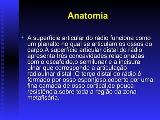 Anatomia

• A superfície articular do rádio funciona como
  um planalto no qual se articulam os ossos do
  carpo.A superfície articular distal do rádio
  apresenta três concavidades,relacionadas
  com o escafóide,o semilunar e a incisura
  ulnar que corresponde a articulação
  radioulnar distal .O terço distal do rádio é
  formado por osso esponjoso,coberto por uma
  fina camada de osso cortical,de pouca
  resistência,sobre toda a região da zona
  metafisária.
 