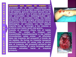 M
E
C
A
N
I
S
M
O
D
E
L
A
L
E
S
I
O
N
HERIDAS POR ARMA DE FUEGO: La
gravedad de la lesión resultante es
proporcional a la energía cinética impartida
a los tejidos, guarda relación directa con la
velocidad inicial y con el peso del proyectil.
Los proyectiles no desintegrantes que
atraviesan por completo todos los tejidos
no liberan toda su energía: producen menos
destrucción tisular. Una bala blanda que se
desintegra, al contacto con los tejidos
imparte toda su energía a los mismos y
produce una lesión local más grave.
Cuando el proyectil choca con el tejido
blando, las ondas de choque son
transmitidas inmediatamente a los tejidos
circundantes, estas ondas se difunden
lejos del trayecto del proyectil a través de
los tejidos. Se forma un trayecto temporal
aproximadamente 30 veces más el ancho
que el trayecto del proyectil primario por
expansión súbdita. El vacío formado aspira
cuerpos extraños hacia el trayecto
primario.
 