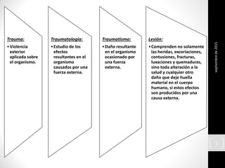septiembrede2015
5
Trauma:
•Violencia
exterior
aplicada sobre
el organismo.
Traumatología:
•Estudio de los
efectos
resultantes en el
organismo
causados por una
fuerza externa.
Traumatismo:
•Daño resultante
en el organismo
ocasionado por
una fuerza
externa.
Lesión:
•Comprenden no solamente
las heridas, excoriaciones,
contusiones, fracturas,
luxaciones y quemaduras,
sino toda alteración a la
salud y cualquier otro
daño que deje huella
material en el cuerpo
humano, si estos efectos
son producidos por una
causa externa.
 
