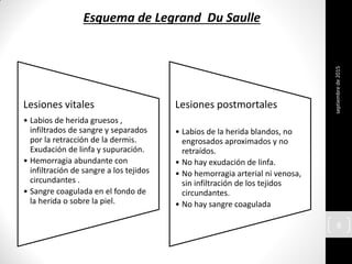 Lesiones vitales
• Labios de herida gruesos ,
infiltrados de sangre y separados
por la retracción de la dermis.
Exudación de linfa y supuración.
• Hemorragia abundante con
infiltración de sangre a los tejidos
circundantes .
• Sangre coagulada en el fondo de
la herida o sobre la piel.
Lesiones postmortales
• Labios de la herida blandos, no
engrosados aproximados y no
retraídos.
• No hay exudación de linfa.
• No hemorragia arterial ni venosa,
sin infiltración de los tejidos
circundantes.
• No hay sangre coagulada
septiembrede2015
8
Esquema de Legrand Du Saulle
 