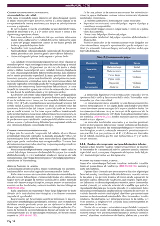 miniMANUAL 1 CTO
Pág. 34
CUADROS DE COMPRESIÓN DEL NERVIO RADIAL.
Anatomía del nervio radial.
Es la rama terminal de mayor diámetro del plexo braquial y junto
al axilar, únicos de origen posterior. Inerva a la musculatura de la
cara posterior de brazo y antebrazo, por lo que es principalmente
extensor y supinador.
El nervio radial recoge la sensibilidad de cara lateral de brazo,
dorsal de antebrazo y 1er
, 2º
y 3er
dedos de la mano e inerva a los
siguientes grupos musculares:
• Extensores de brazo y antebrazo: tríceps, ancóneo, extensores
radial largo, radial corto y cubital del carpo; extensores largo
y corto del pulgar; extensores común de los dedos, propio del
índice y propio del quinto dedo.
• Supinador corto (o supinador).
Supinadorlargo(obraquiorradial):esunmúsculodeorigenpos-
terior, pero de acción anterior, por lo que es flexor del codo.
• Abductor largo del primer dedo: separa el primer dedo.
A su salida del tronco secundario posterior del plexo braquial se
introduce por el espacio triangular entre la porción larga y medial
del músculo bíceps, dirigiéndose por detrás y de arriba a abajo
sobre la diáfisis humeral por el surco radial del húmero. Baja hacia
el codo, cruzando por delante del epicóndilo medial para dividirse
en los ramos profundo y superficial. La rama profunda es el nervio
interóseo posterior y tiene una distribución principalmente moto-
ra. Inmediatamente se introduce entre los vientres musculares del
músculosupinadorcortoenlaarcadadeFröshe,paradarinervación
a los músculos extensores y flexores radiales del antebrazo. La rama
superficial es sensitiva y pasa por encima de esta arcada, inervando
la cara dorsal de antebrazo, mano y tres primeros dedos.
Las lesiones del nervio radial representan el 60 % de las parálisis
nerviosas del miembro superior. Se puede lesionar en la axila por
el uso de muletas o en el brazo, por fracturas de la diáfisis humeral.
Entre el 12-14 % de estas fracturas se acompañan de lesiones del
nervio radial. Cuando las lesiones son altas se pierden todas las
funciones, incluidas las del tríceps. A nivel del codo es frecuente
que se pueda lesionar por fracturas supracondíleas, luxaciones de
codoy enlasfracturas-luxacionesdelantebrazo.Suconsecuenciaes
la aparición de la llamada “mano péndula” o “mano de obispo”, en
la que la mano queda en flexión con imposibilidad de extender los
dedos, separar el primer dedo y dificultad para supinar el antebrazo
con extensión del codo conservada (tríceps).
CUADROS COMPRESIVOS CORRESPONDIENTES.
El lugar más frecuente de compresión del radial es el arco fibroso
proximal del músculo supinador (la llamada arcada de Fröhse). Se
caracteriza por dolor sobre la masa muscular distal al epicóndilo,
por lo que puede confundirse con una epicondilitis. Tras una fase
de tratamiento conservador, si no hay respuesta puede procederse
a la liberación quirúrgica.
Otraszonasdondepuedeversecomprometidoelnervioradiales
a nivel del tabique intermuscular lateral del brazo por fracturas de
diáfisis humeral y en el tercio distal del antebrazo, donde se afecta la
rama sensitiva superficial, denominándose“cheiralgia parestésica”
o síndrome de Wartemberg .
ANEXO DE ANATOMÍA DE LA MANO.
La musculatura extrínseca de la mano está formada por las termi-
naciones de los músculos largos del antebrazo en los dedos.
En la cara extensora se encuentran el extensor común de los de-
dos, el extensor del meñique, el extensor del índice y los extensores
largo y corto del pulgar. El extensor común de los dedos extiende
sobre todo las metacarpofalángicas, aunque a través de un tendón
común con los lumbricales, extiende también las interfalángicas
(MIR 99-00, 205).
En la cara flexora se encuentra el flexor largo del primer de dedo
(flexión de la articulación interfalángica) y los flexores comunes
(superficial y profundo).
Los tendones del flexor largo superficial terminan en las arti-
culaciones interfalángicas proximales, mientras que los tendones
del flexor común profundo pasan por un ojal entre las fibras del
flexor superficial para insertarse en las interfalángicas distales. Por
tanto, la flexión de las interfalángicas distales depende del flexor
común profundo y la de las falanges proximales, del flexor común
superficial (MIR 98-99F, 232).
En la cara palmar de la mano se encuentran los músculos in-
trínsecos, que se dividen en: eminencia tenar, eminencia hipotenar,
lumbricales e interóseos.
La eminencia tenar está formada por cuatro músculos:
• Separador (o abductor) corto del pulgar: separa el pulgar y
contribuye a su oposición.
• Oponente del pulgar: opone el pulgar hacia el centro de la palma
y rota hacia medial.
• Flexor corto del pulgar: flexiona el pulgar.
• Aproximador (adductor) del pulgar: aproxima el dedo hacia el
dedo medio.
Todos los músculos de la eminencia tenar están dirigidos por
el nervio mediano, excepto la aproximación, que lo está por el cu-
bital, y la extensión (extensor largo y corto del primer dedo), que
depende del radial.
Tabla17. Movimientos del pulgar.
o
t
n
e
i
m
i
v
o
M o
l
u
c
s
ú
M o
i
v
r
e
N
n
ó
i
c
a
r
a
p
e
S
o
g
r
a
l
r
o
t
c
u
d
b
A l
a
i
d
a
R
o
t
r
o
c
r
o
t
c
u
d
b
A o
n
a
i
d
e
M
n
ó
i
x
e
l
F
o
g
r
a
l
r
o
x
e
l
F
o
n
a
i
d
e
M
o
t
r
o
c
r
o
x
e
l
F
n
ó
i
c
i
s
o
p
O e
t
n
e
n
o
p
O o
n
a
i
d
e
M
n
ó
i
c
a
m
i
x
o
r
p
A r
o
t
c
u
d
d
A l
a
t
i
b
u
C
La eminencia hipotenar está formada por: separador corto,
oponente del 5º dedo y flexor corto del 5º dedo. Todos ellos están
inervados por el nervio cubital.
Los músculos interóseos son siete y están dispuestos entre los
huesos metacarpianos en dos capas. En la cara dorsal se describen
cuatro interóseos que se encargan de la separación de los dedos. Los
interóseos ventrales son tres y se encargan de la aproximación de
los dedos, tomando como eje el 3er
dedo.Todos ellos están inervados
por el cubital (MIR 94-95, 247). Son los músculos que nos permiten
escribir o tocar el piano.
Los músculos lumbricales son cuatro y se insertan proximal-
mente en los tendones del extensor común profundo de los dedos.
Se encargan de flexionar las metacarpofalángicas y extender las
interfalángicas, es decir, colocan la mano en la posición necesaria
para escribir. Los que pertenecen al 4º y 5º dedos son inervados
por el cubital, mientras que los que pertenecen al 3er
y 2º dedos
son del mediano.
5.2.2. Cuadros de compresión nerviosa del miembro inferior.
Aunque se han descrito cuadros compresivos crónicos de muchos
de los nervios de la extremidad inferior (peroneo común, peroneo
superficial, sural, rama para el separador del quinto dedo del pie,
etc.) los más importantes son los siguientes:
ANATOMÍA DEL NERVIO FEMORAL O CRURAL.
Inerva a los músculos que flexionan la cadera y extienden la rodilla.
Inerva el psoas-ilíaco, el cuádriceps (MIR 95-96F, 96), sartorio y
parte del pectíneo.
El psoas-ilíaco (formado por psoas mayor e ilíaco) es el principal
flexordelmusloycontribuyealaflexióndeltronco,rotaciónexterna
de la cadera y nos permite levantar el tronco desde la posición de
decúbito supino. El músculo cuádriceps, que ocupa la región ante-
riordelmuslo,estáformadoporelrectoanterior,vastos(intermedio,
medial y lateral) y el músculo articular de la rodilla (que estira la
cápsula articular para que no quede pinzada en la extensión). Estos
músculos constituyen un amplio tendón conjunto de inserción en
la rótula llamado tendón cuadricipital, y las fibras que continúan se
insertan en la tuberosidad anterior de la tibia, formando el tendón
rotuliano. El cuádriceps es el principal extensor de la rodilla, y el
recto anterior, al originarse en la espina ilíaca anterosuperior, es
además flexor de la cadera.
El músculo sartorio es el músculo más superficial del comparti-
mento anterior del muslo y el más largo del organismo. Recibe este
nombre porque es el que nos permite cruzar las piernas “como los
sastres”, al realizar movimientos de flexión, abducción y rotación
 