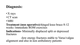 Diagnosis:
• X rays
• CT scan
• MRI
Treatment (non operative)-hinged knee brace 8-12
weeks /immediate ROM exercises
Indications- Minimally displaced split or depressed
fractures
-low energy fractures stable to Varus/valgus
alignment and also in non ambulatory patients
 
