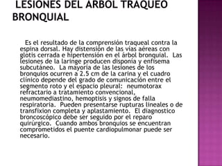 Ruptura del diafragma.     Esta lesión es mas frecuente en el lado izquierdo.  El cuadro clínico puede variar desde la ausencia total de síntomas hasta el shock.  Hay dolor abdominal, hipotensión y elevación del diafragma con presencia de gas con ubicación anormal dentro del tórax y desplazamiento del tubo naso gástrico.  El bazo puede ser visible sobre el diafragma.  El tratamiento es quirúrgico.