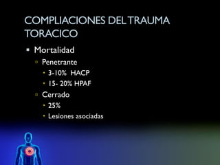 COMPLIACIONES DEL TRAUMA
TORACICO
 Mortalidad
   Penetrante
     3-10% HACP
     15- 20% HPAF
   Cerrado
     25%
     Lesiones asociadas
 