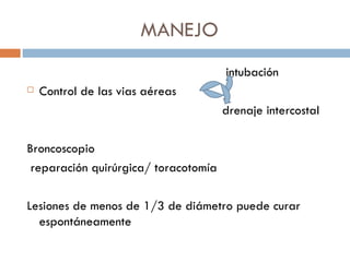 MANEJO
                                      intubación
   Control de las vias aéreas
                                      drenaje intercostal

Broncoscopio
 reparación quirúrgica/ toracotomía

Lesiones de menos de 1/3 de diámetro puede curar
  espontáneamente
 