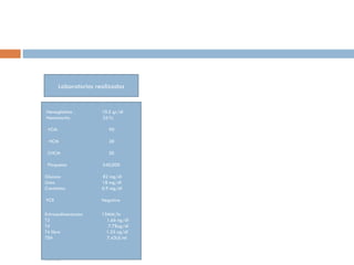 Laboratorios realizados
Hemograma .
Glob. Blancos         6,200mm3

Hemoglobina .         10.5 gr/dl
Hematocrito           35.%

 VCM                     90
……..
  HCM                    28
…………
 CHCM…                   30
…….
 Plaquetas……          2240,000

Glucosa               82 mg/dl
Urea                  18 mg/dl
Creatinina            0.9 mg/dl

PCR                   Negativa
…negativo
Eritrosedimentacion   15MM/hr
T3                      1.66 ng/dl
T4                       7.78ug/dl
T4 libre                1.35 ng/dl
TSH                     7.43UI/ml
…

……...
 