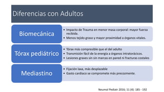 Diferencias con Adultos
• Impacto de Trauma en menor masa corporal: mayor fuerza
recibida.
• Menos tejido graso y mayor proximidad a órganos vitales.
Biomecánica
• Tórax más compresible que el del adulto
• Transmisión fácil de la energía a órganos intratorácicos.
• Lesiones graves sin sin marcas en pared ni fracturas costales
Tórax pediátrico
• Fijación laxa, más desplazable
• Gasto cardiaco se compromete más precozmente.Mediastino
Neumol Pediatr 2016; 11 (4): 185 - 192
 
