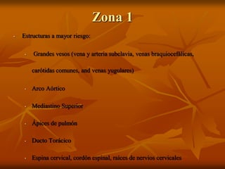 Zona 1
• Estructuras a mayor riesgo:
• Grandes vesos (vena y arteria subclavia, venas braquiocefálicas,
carótidas comunes, and venas yugulares)
• Arco Aórtico
• Mediastino Superior
• Ápices de pulmón
• Ducto Torácico
• Espina cervical, cordón espinal, raíces de nervios cervicales
 