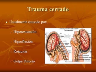 Trauma cerrado
 Usualmente causado por:
• Hiperextensión
• Hiperflexión
• Rotación
• Golpe Directo
 