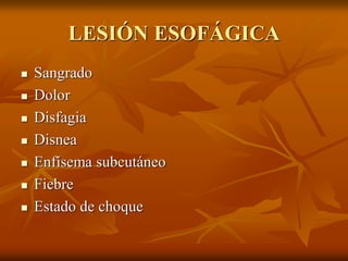 LESIÓN ESOFÁGICA
 Sangrado
 Dolor
 Disfagia
 Disnea
 Enfísema subcutáneo
 Fiebre
 Estado de choque
 