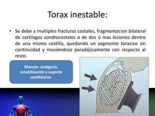 Torax inestable:
• Se debe a multiples fracturas costales, fragmentacion bilateral
de cartilagos condrocostales o de dos o mas lesiones dentro
de una misma costilla, quedando un segmento toracico sin
continuidad y moviéndose paradójicamente con respecto al
resto.
Manejo: analgesia,
estabilización y soporte
ventilatorio.
 