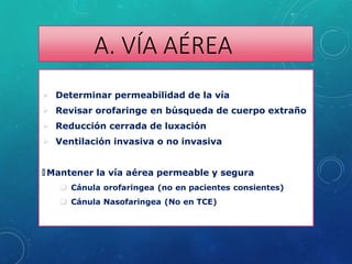 A. VÍA AÉREA
 Determinar permeabilidad de la vía
 Revisar orofaringe en búsqueda de cuerpo extraño
 Reducción cerrada de luxación
 Ventilación invasiva o no invasiva
🞇 Mantener la vía aérea permeable y segura
 Cánula orofaringea (no en pacientes consientes)
 Cánula Nasofaringea (No en TCE)
 