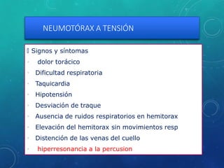 NEUMOTÓRAX A TENSIÓN
🞇 Signos y síntomas
• dolor torácico
• Dificultad respiratoria
• Taquicardia
• Hipotensión
• Desviación de traque
• Ausencia de ruidos respiratorios en hemitorax
• Elevación del hemitorax sin movimientos resp
• Distención de las venas del cuello
• hiperresonancia a la percusion
 