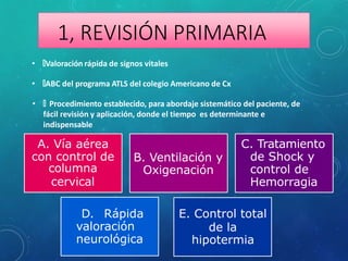 1, REVISIÓN PRIMARIA
• 🞇Valoración rápida de signos vitales
• 🞇ABC del programa ATLS del colegio Americano de Cx
• 🞇 Procedimiento establecido, para abordaje sistemático del paciente, de
fácil revisión y aplicación, donde el tiempo es determinante e
indispensable
A. Vía aérea
con control de
columna
cervical
B. Ventilación y
Oxigenación
C. Tratamiento
de Shock y
control de
Hemorragia
D. Rápida
valoración
neurológica
E. Control total
de la
hipotermia
 