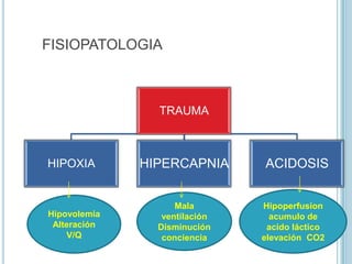FISIOPATOLOGIA
TRAUMA
HIPOXIA HIPERCAPNIA ACIDOSIS
Hipovolemia
Alteración
V/Q
Mala
ventilación
Disminución
conciencia
Hipoperfusion
acumulo de
acido láctico
elevación CO2
 