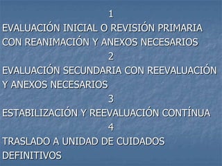 1
EVALUACIÓN INICIAL O REVISIÓN PRIMARIA
CON REANIMACIÓN Y ANEXOS NECESARIOS
                    2
EVALUACIÓN SECUNDARIA CON REEVALUACIÓN
Y ANEXOS NECESARIOS
                    3
ESTABILIZACIÓN Y REEVALUACIÓN CONTÍNUA
                    4
TRASLADO A UNIDAD DE CUIDADOS
DEFINITIVOS
 
