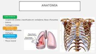 ANATOMIA
• 12 pares de costelas ( classificadas em: verdadeiras, falsas e flutuantes)
• Esterno
• Cartilagens costais
• Músculos intercostais
• Diafragma
• Pleura parietal
• Pleura visceral
Caixa torácica:
Músculos:
Revestimento
 