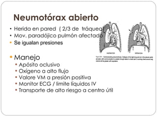 Neumotórax abierto Herida en pared  ( 2/3 de  tráquea) Mov. paradójico pulmón afectado Se igualan presiones Manejo Apósito oclusivo  Oxígeno a alto flujo Valore VM a presión positiva Monitor ECG / limite líquidos IV Transporte de alto riesgo a centro útil 