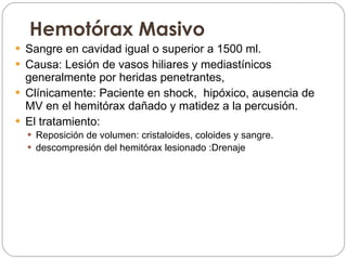 Hemotórax Masivo Sangre en cavidad igual o superior a 1500 ml.  Causa: Lesión de vasos hiliares y mediastínicos generalmente por heridas penetrantes, Clínicamente: Paciente en shock,  hipóxico, ausencia de MV en el hemitórax dañado y matidez a la percusión.  El tratamiento:  Reposición de volumen: cristaloides, coloides y sangre. descompresión del hemitórax lesionado :Drenaje  