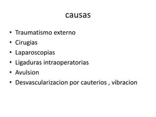 causas
• Traumatismo externo
• Cirugias
• Laparoscopias
• Ligaduras intraoperatorias
• Avulsion
• Desvascularizacion por cauterios , vibracion
 
