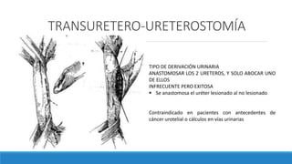 TRANSURETERO-URETEROSTOMÍA
TIPO DE DERIVACIÓN URINARIA
ANASTOMOSAR LOS 2 URETEROS, Y SOLO ABOCAR UNO
DE ELLOS
INFRECUENTE PERO EXITOSA
 Se anastomosa el uréter lesionado al no lesionado
Contraindicado en pacientes con antecedentes de
cáncer urotelial o cálculos en vías urinarias
 