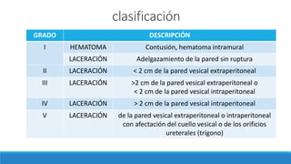 clasificación
GRADO DESCRIPCIÓN
I HEMATOMA Contusión, hematoma intramural
LACERACIÓN Adelgazamiento de la pared sin ruptura
II LACERACIÓN < 2 cm de la pared vesical extraperitoneal
III LACERACIÓN >2 cm de la pared vesical extraperitoneal o
< 2 cm de la pared vesical intraperitoneal
IV LACERACIÓN > 2 cm de la pared vesical intraperitoneal
V LACERACIÓN de la pared vesical extraperitoneal o intraperitoneal
con afectación del cuello vesical o de los orificios
ureterales (trígono)
 