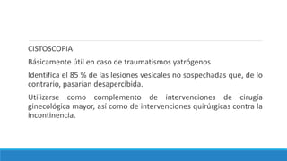 CISTOSCOPIA
Básicamente útil en caso de traumatismos yatrógenos
Identifica el 85 % de las lesiones vesicales no sospechadas que, de lo
contrario, pasarían desapercibida.
Utilizarse como complemento de intervenciones de cirugía
ginecológica mayor, así como de intervenciones quirúrgicas contra la
incontinencia.
 