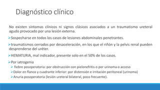 Diagnóstico clínico
No existen síntomas clínicos ni signos clásicos asociados a un traumatismo ureteral
agudo provocado por una lesión externa.
Sospecharse en todos los casos de lesiones abdominales penetrantes.
traumatismos cerrados por desaceleración, en los que el riñón y la pelvis renal pueden
desprenderse del uréter.
HEMATURIA, mal indicador, presente solo en el 50% de los casos.
Por iatrogenia
 fiebre posoperatoria: por obstrucción con pielonefritis o por urinoma o acceso
Dolor en flanco y cuadrante inferior: por distensión e irritación peritoneal (urinoma)
Anuria posoperatoria (lesión ureteral bilateral, poco frecuente).
 