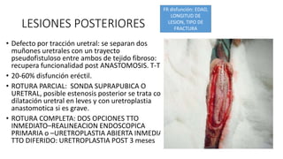 LESIONES POSTERIORES
• Defecto por tracción uretral: se separan dos
muñones uretrales con un trayecto
pseudofistuloso entre ambos de tejido fibroso:
recupera funcionalidad post ANASTOMOSIS. T-T
• 20-60% disfunción eréctil.
• ROTURA PARCIAL: SONDA SUPRAPUBICA O
URETRAL, posible estenosis posterior se trata con
dilatación uretral en leves y con uretroplastia
anastomotica si es grave.
• ROTURA COMPLETA: DOS OPCIONES TTO
INMEDIATO–REALINEACION ENDOSCOPICA
PRIMARIA o –URETROPLASTIA ABIERTA INMEDIATA
TTO DIFERIDO: URETROPLASTIA POST 3 meses
FR disfunción: EDAD,
LONGITUD DE
LESION, TIPO DE
FRACTURA
 