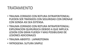 TRATAMIENTO
• TRAUMA CERRADO CON ROTURA EXTRAPERITONEAL:
PUEDEN SER TRATADOS CON SEGURIDAD CON DRENAJE
CON SONDA ASI SEA EXTENSA.
• TRAUMA CERRADO CON ROTURA INTRAPERITONEAL:
EXPLORACION QUIRURGICA DEBIDO A QUE IMPLICA
LESION CON GRAN FUERZA Y MAS POSIBILIDAD DE
LESIONES ADICIONALES
• TRAUMA ABIERTO : LAPAROTOMIA
• YATROGENA: SUTURA SIMPLE
 