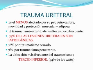 COMPLICACIONESComplicacionesTempranas:HemorragiaExtravasaciónurinaria (urinoma)AbscesoperirrenalComplicacionesTardíasHipertensiónHidronefrosisFístula A-V