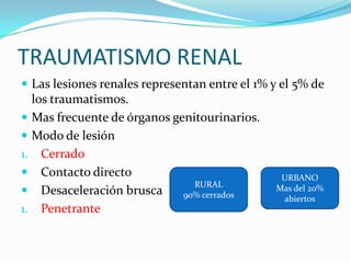 UNIVERSIDAD NACIONAL DE CUYOEPIDEMIOLOGIA1 DE C/14 MUERTES ES CAUSADA POR UN TRAUMATISMO10% DE POLITRAUMAS AFECTAN EL TRACTO URINARIO50% COMPROMETE EL RIÑONGENERALMENTE PROTEGIDOS (excepto genitales ext)