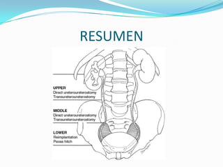 TRATAMIENTOLesión menor                  catéteres ureterales  o nefrostomía.En las lesiones completas                    ubicación de la lesión.Las opciones son:1 Tercio superior: ureteroureterostomía.2. Tercio medio: ureteroureterostomía, o colgajo de Boari y reimplantación3. Tercio inferior: reimplantación directa o fijación al psoas (psoas hitch).4. Pérdida completa del uréter: interposición ileal (diferida) o autotransplante (diferido).REALIZAR UNA NEFROSTOMÍA
