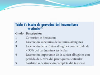 DIAGNOSTICO En la información relativa al accidente El traumatismo de los genitales externos puede ser debido a una agresión sexual. En caso de sospecha, es necesario realizar un examen forense que determine si ha habido agresión sexual (documentaciónfotográfica).En presencia de macrohematuria y/o de microhematuria esnecesario realizar una uretrografía retrógrada.Los pacientes con fractura de pene refieren un crujido repentino o un ligero estallido con dolor localizado y detumescencia inmediata