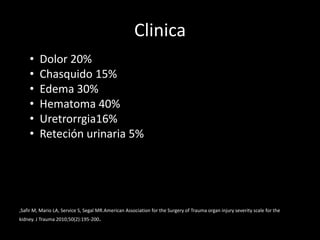 Clinica
    •    Dolor 20%
    •    Chasquido 15%
    •    Edema 30%
    •    Hematoma 40%
    •    Uretrorrgia16%
    •    Reteción urinaria 5%




,Safir M, Mario LA, Service S, Segal MR.American Association for the Surgery of Trauma organ injury severity scale for the
kidney. J Trauma 2010;50(2):195-200.
 
